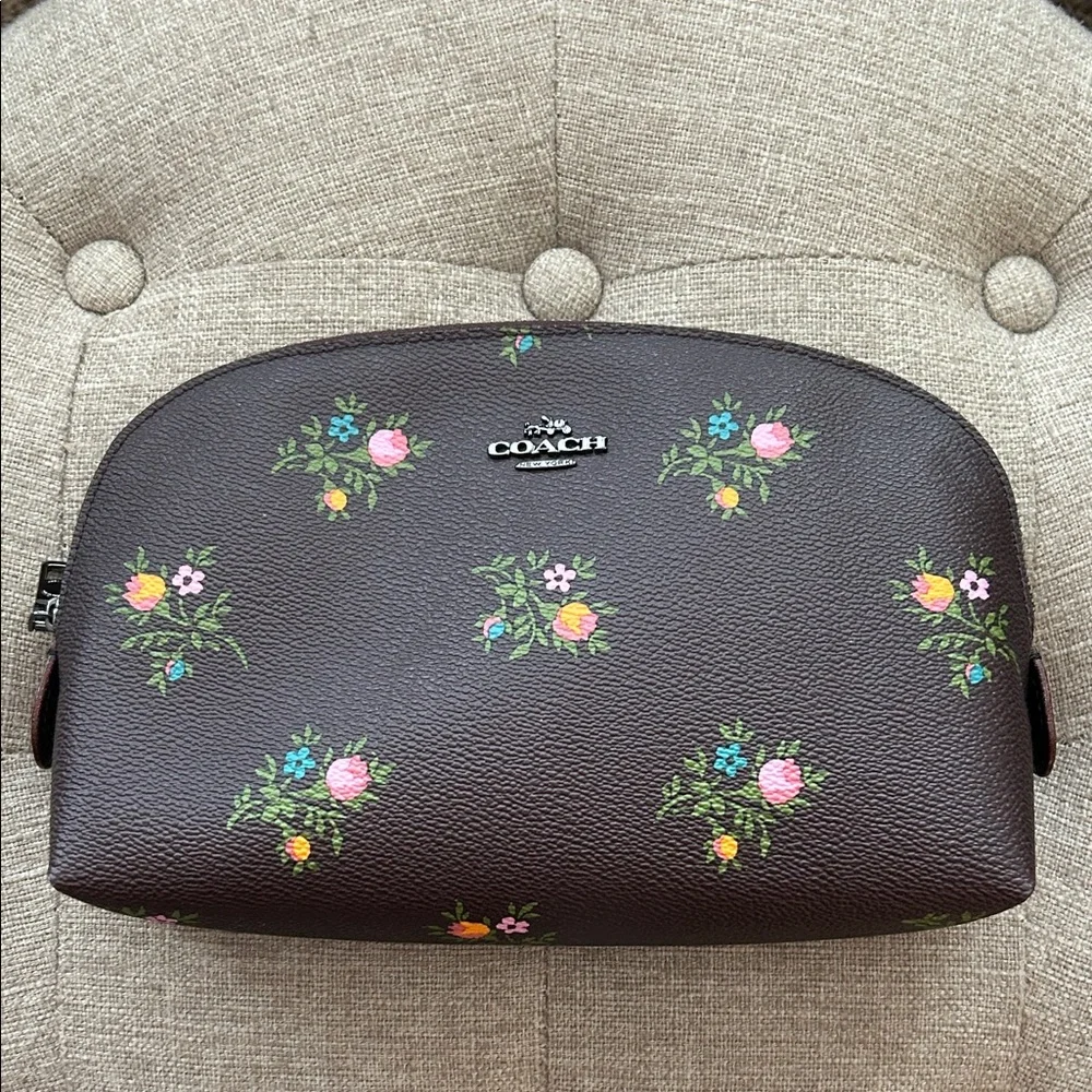 Coach Cosmetic Bag—Like New Condition—Deep Chocolate Cherry Floral—9” x 6.5” - Picture 1 of 6